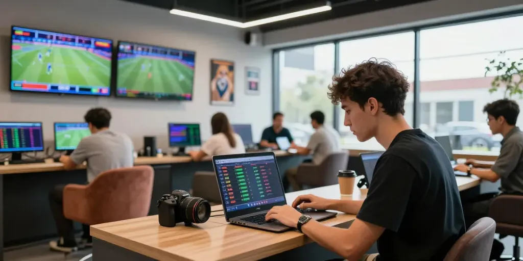 Aktivitas taruhan olahraga dengan 7meter di kantor modern, orang muda memeriksa odds di laptop.