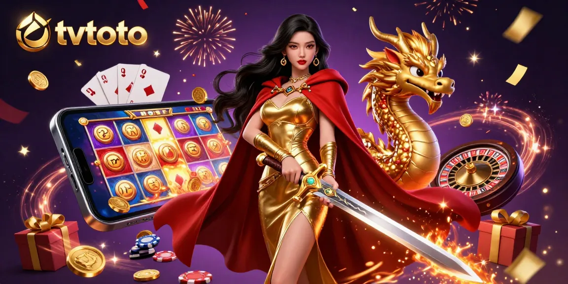 Engage with tvtoto’s thrilling gaming experience featuring a stunning warrior queen and vibrant casino elements.