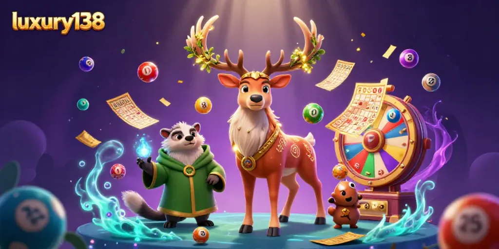 Experience the thrill of luxury138 with vibrant lottery balls, spinning wheels, and magical creatures.