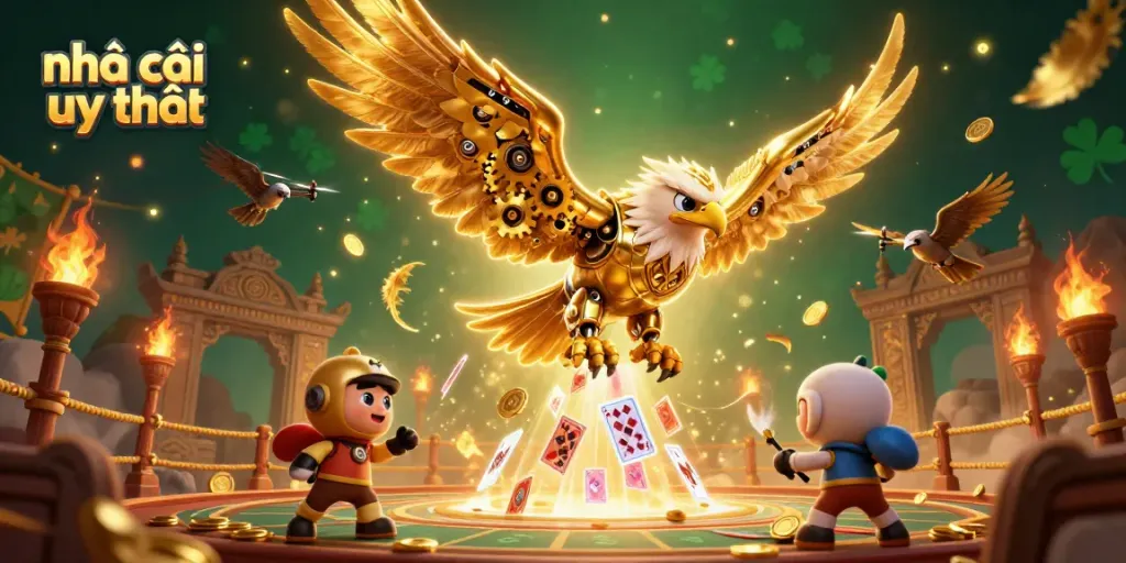 Experience excitement with nhà cái uy tín in a dynamic casino scene featuring a cybernetic eagle amidst colorful playing cards.