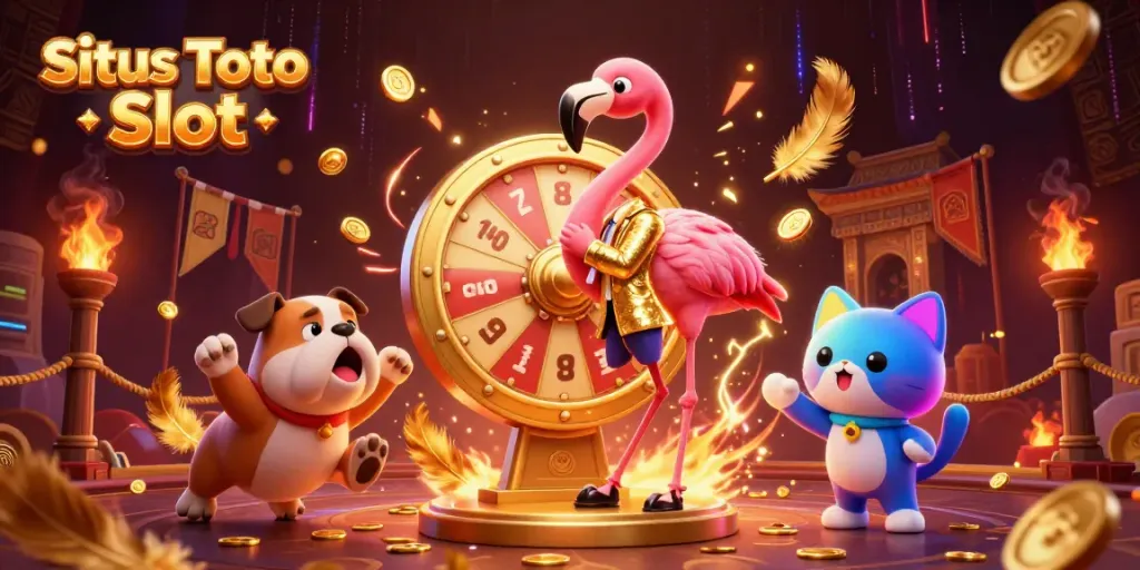 Ilustrasi Situs Toto Slot menampilkan flamingo pengacara acara permainan dan anjing bulldog yang bersemangat.
