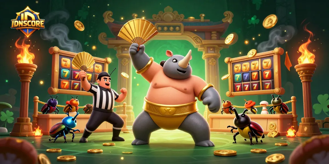 IDNSCORE showcases a dynamic casino scene with a beetle champion and vibrant slot elements.