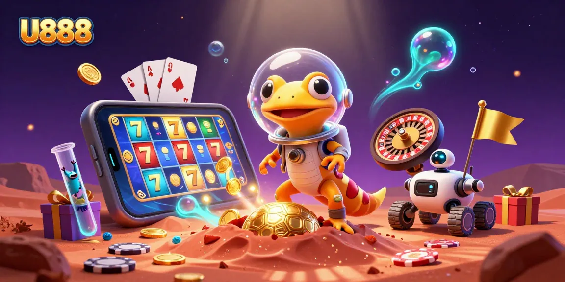 Experience the thrill of U888 with a vibrant Martian casino scene and dynamic gaming elements.