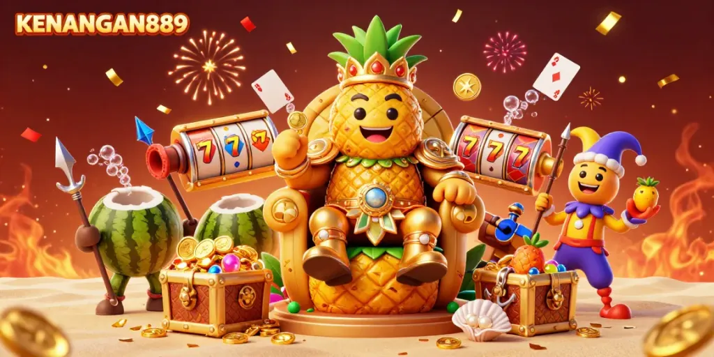 Engage with KENANGAN889's vibrant casino scene showcasing dynamic gaming elements and festive characters.