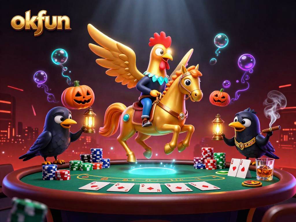 Engage with okfun's thrilling poker scene featuring whimsical characters in a dynamic casino atmosphere.