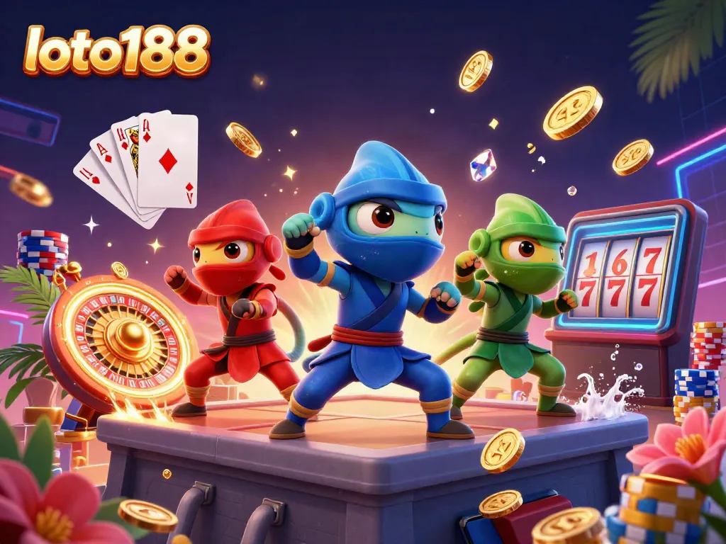Engage with loto188's vibrant 3D illustration featuring a ninja chameleon team in action amidst coins and casino elements.