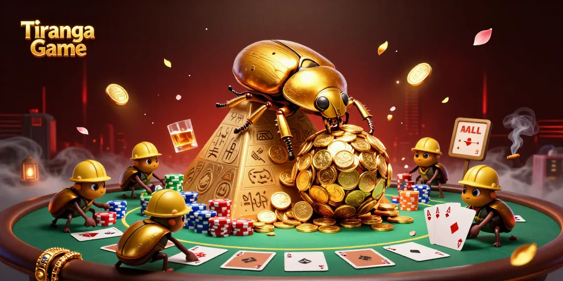Tiranga Game features engaging gameplay with a vibrant beetle scene rolling gold coins, emphasizing mobile gaming action.