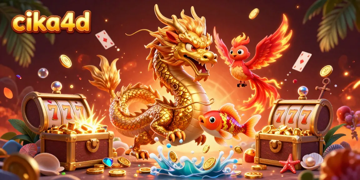 Cika4d showcases an exhilarating casino scene with vibrant characters and dynamic slot reels amidst treasure.