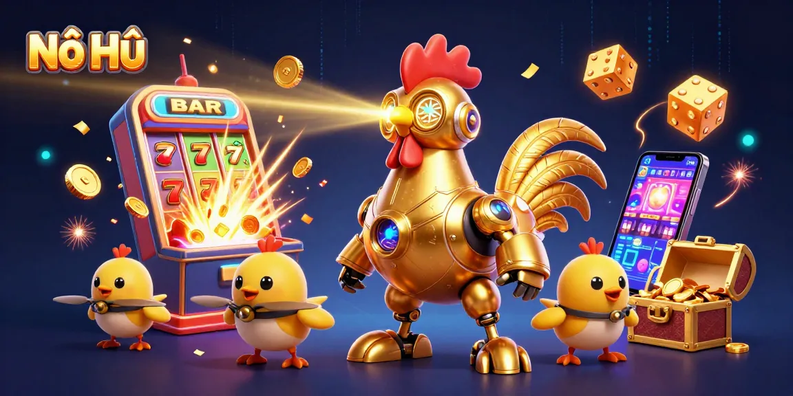 Engage in Nổ Hũ gaming excitement with a dynamic scene featuring vibrant characters and slot machines.