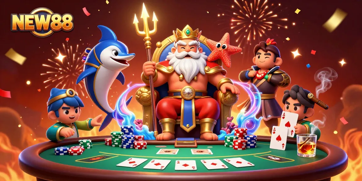 Experience thrilling poker with NEW88 featuring Neptune and his vibrant casino companions.