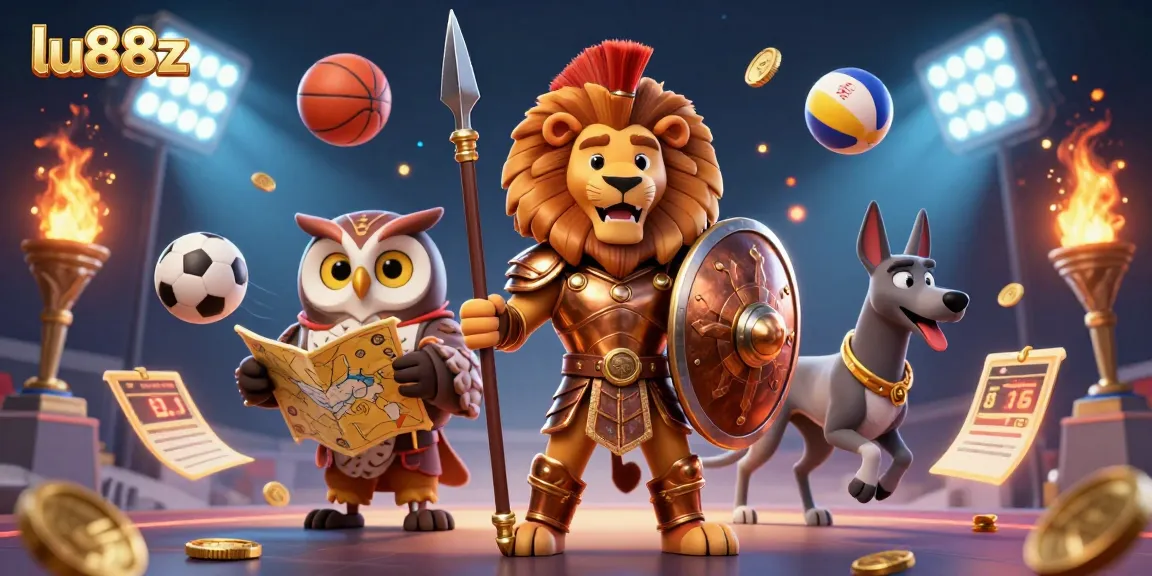 lu88z sports betting scene with Spartan lion, tactical owl, and greyhound amidst dynamic balls and glowing elements.