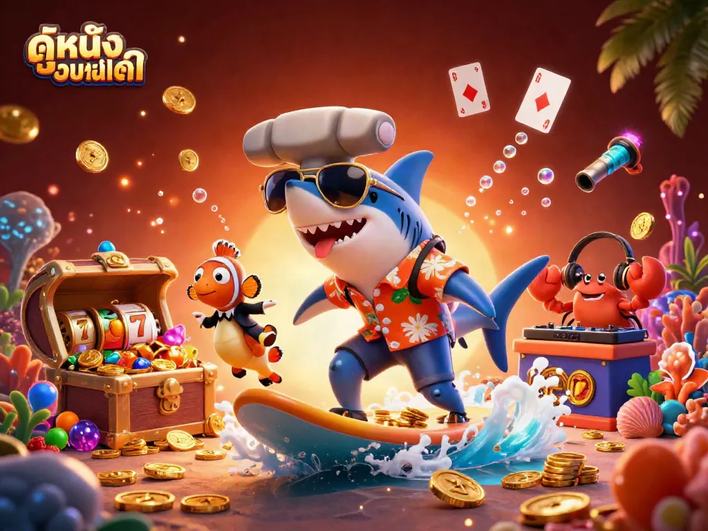 Experience the thrill of ดูหนังออนไลน์ with a vibrant 3D illustration showcasing casino elements and playful characters.