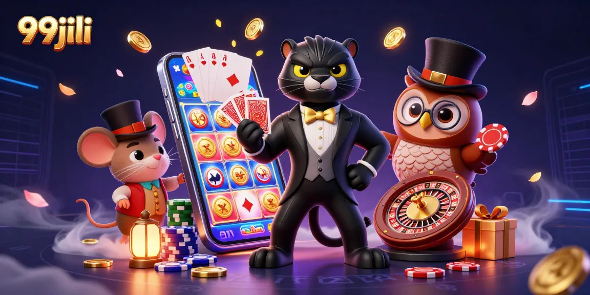 Participate in thrilling 99jili gaming action with stylish characters amidst vibrant casino elements.