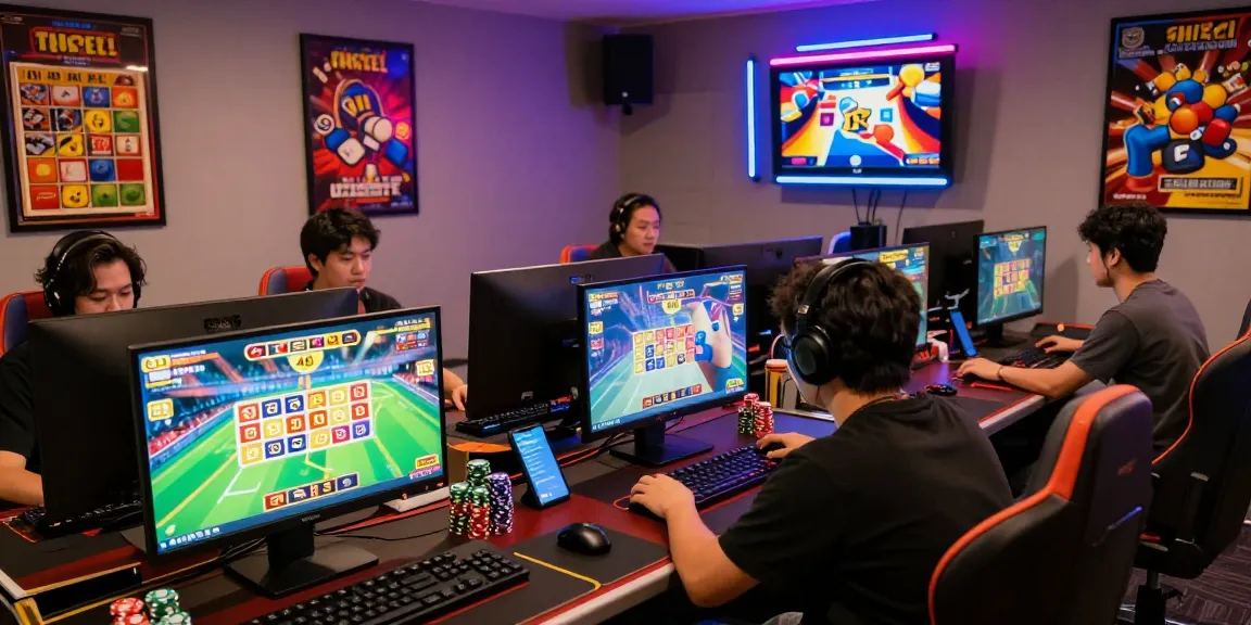 Enthusiastic players enjoying Link Alternatif Togel88 in a vibrant online setting with colorful screens and gaming equipment.