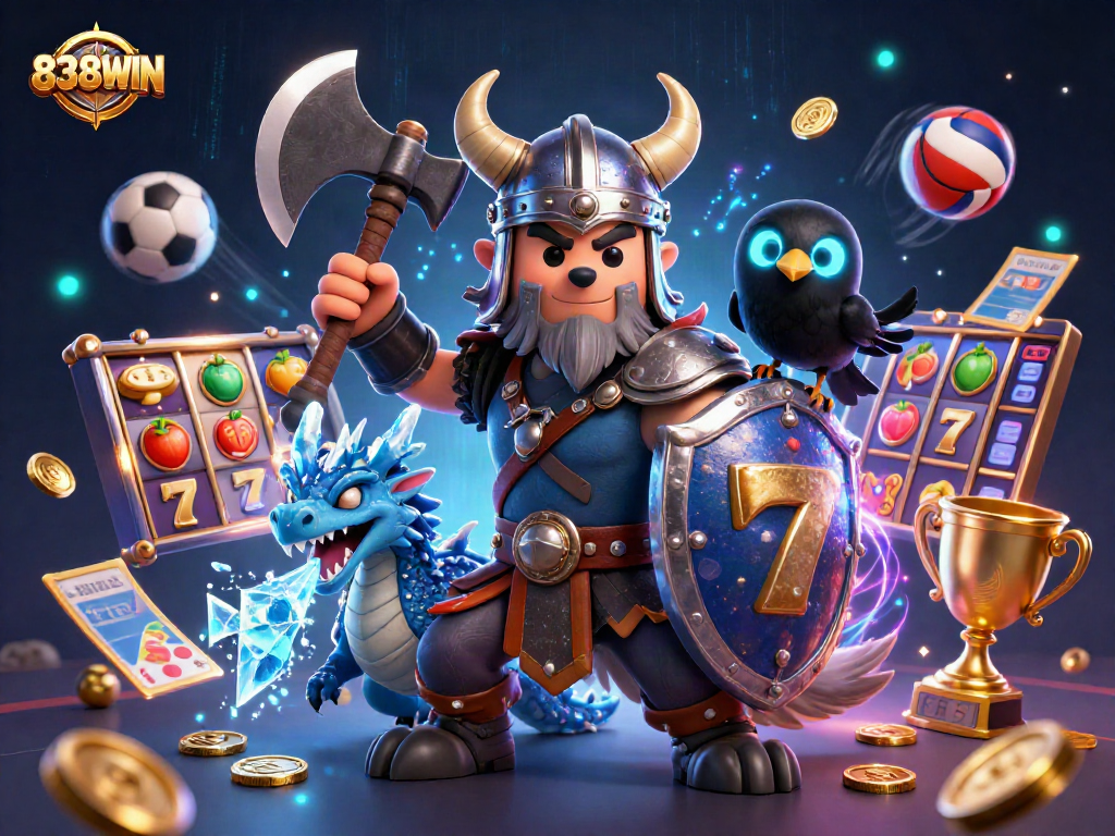Experience thrilling gaming moments with 838WIN, featuring an epic Viking scene infused with dynamic slot elements.