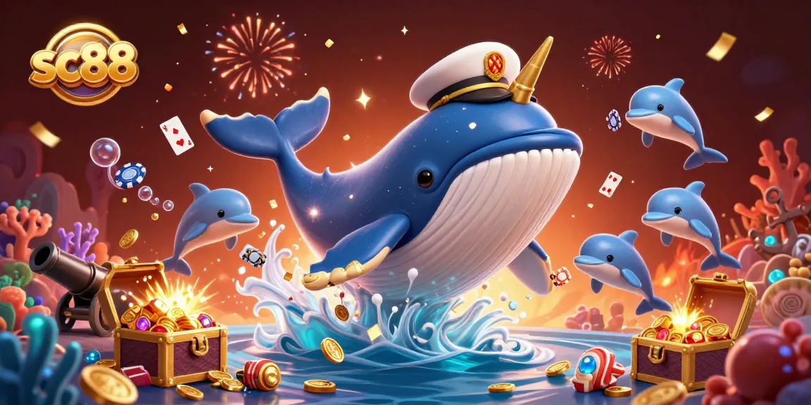 Experience the vibrant underwater world of sc88 as whales and dolphins play with poker chips amidst treasure.