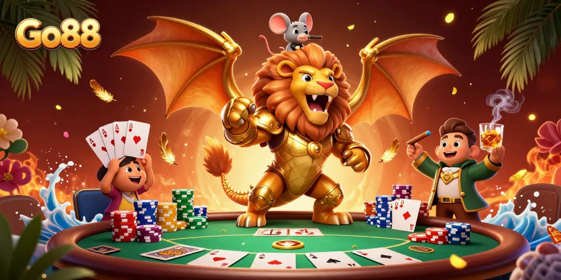 Win big at Go88 with a vibrant casino scene showcasing a triumphant chimera and poker elements.
