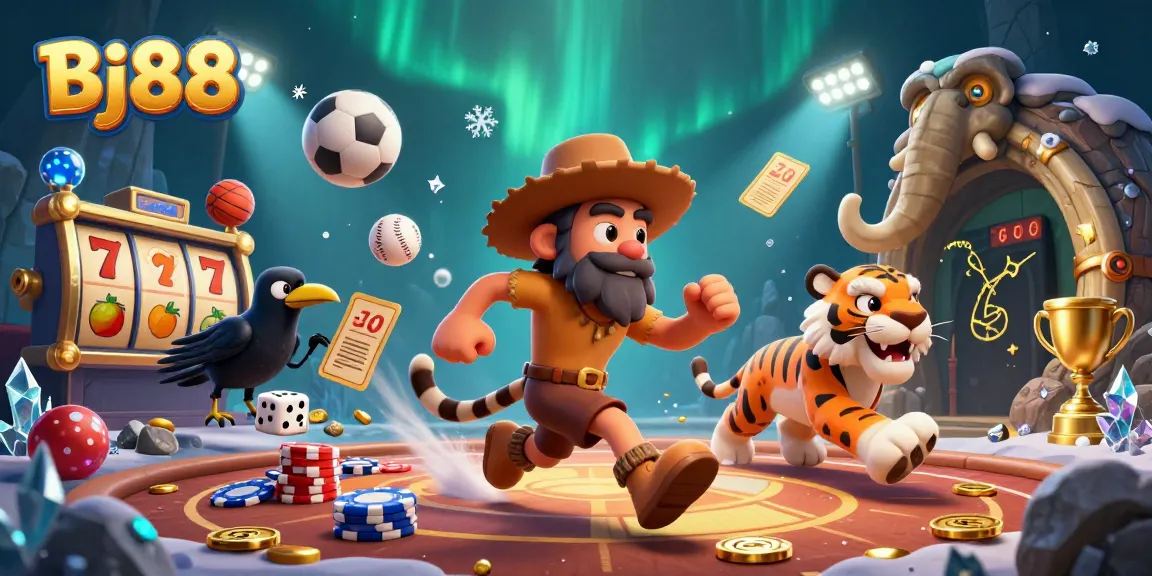 Join the excitement of Bj88 with unique casino elements like slot reels and trophy cups in a vibrant scene.