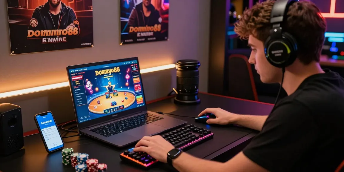 Login Domino88 interface shown on a gaming laptop in an immersive online poker setting with vibrant graphics and gaming accessories.