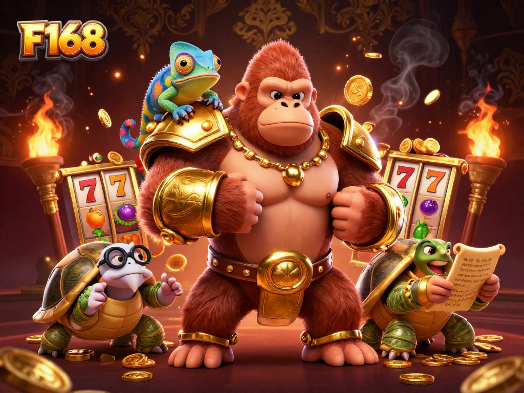 Experience the thrill of F168 with a dynamic casino scene featuring a powerful gorilla king!