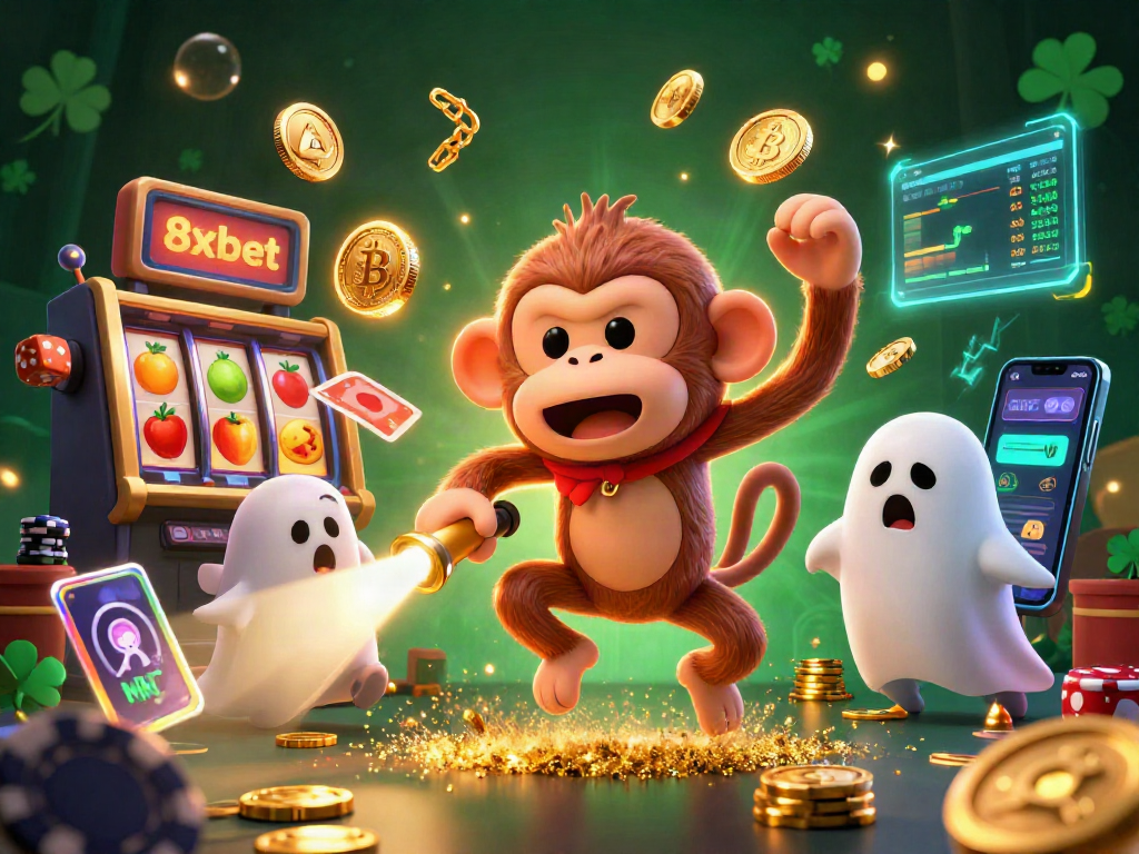 Experience the excitement of 8xbet with a whimsical haunted casino illustration featuring a poltergeist monkey and ghost-hunter puppy.