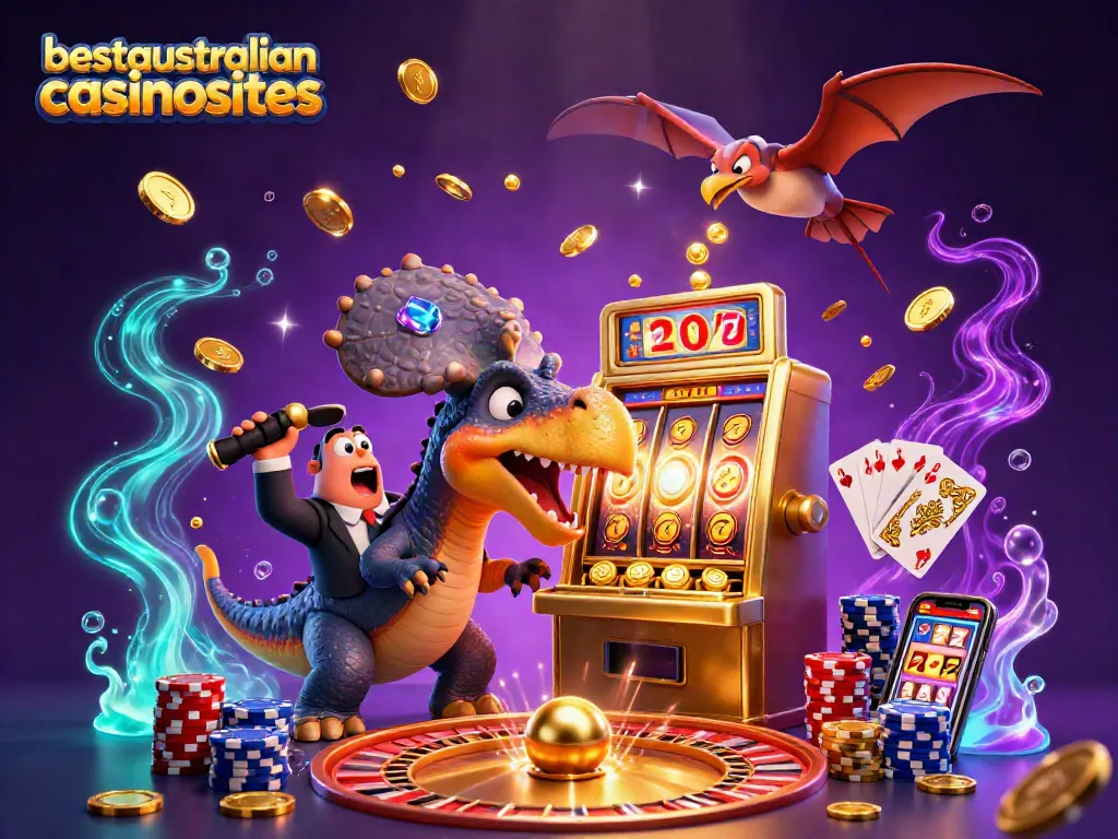 Engage in thrilling wins with bestaustraliancasinosites as colorful characters celebrate jackpot gains in a vibrant casino.