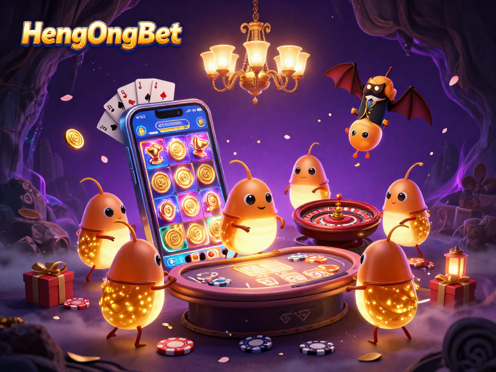 Experience the excitement of HengOngBet with vibrant glowworms lighting up a cave casino.