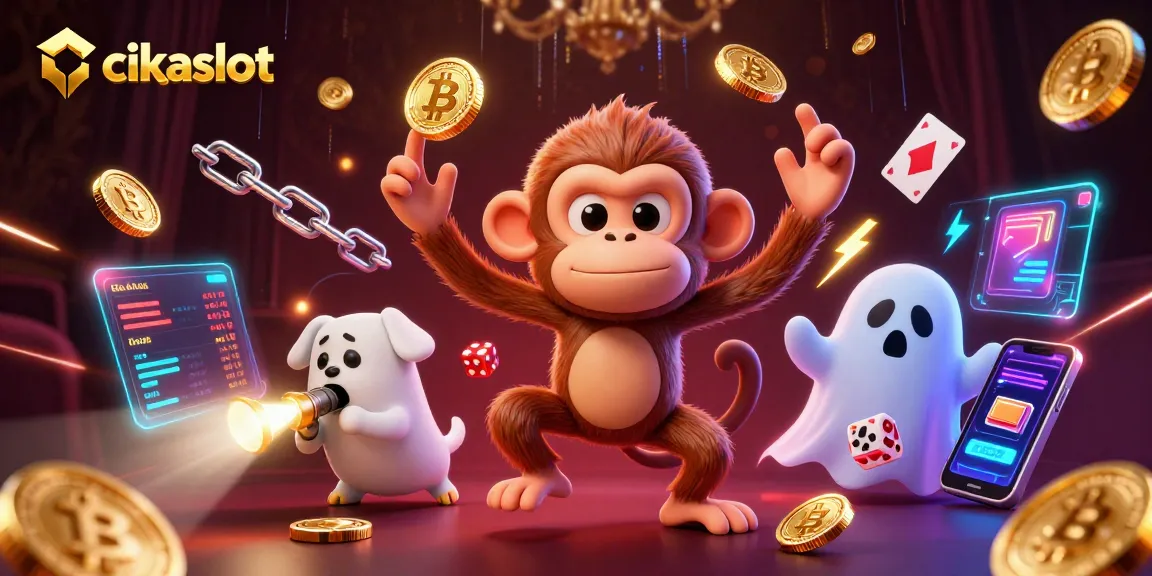 cikaslot showcases a playful poltergeist monkey juggles golden coins in a dynamic haunted casino scene
