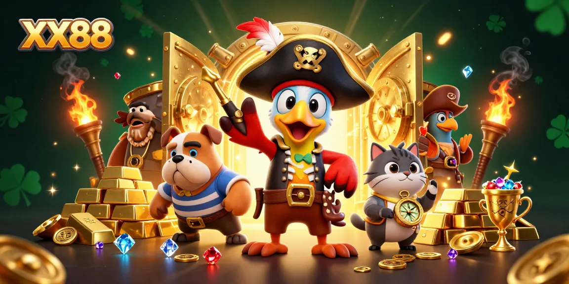 Experience thrilling gaming action at XX88 with a lively pirate-themed casino illustration.