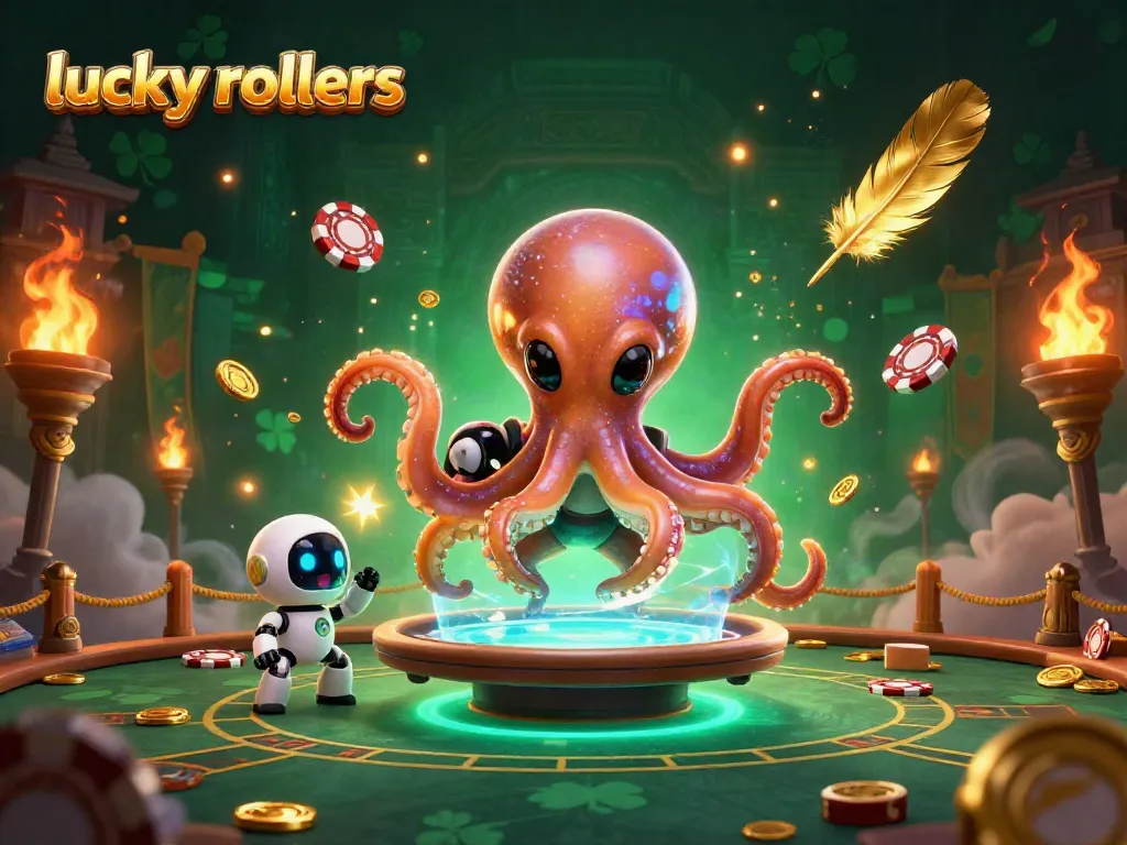 Play thrilling games at lucky rollers casino with animated alien octopus and poker elements
