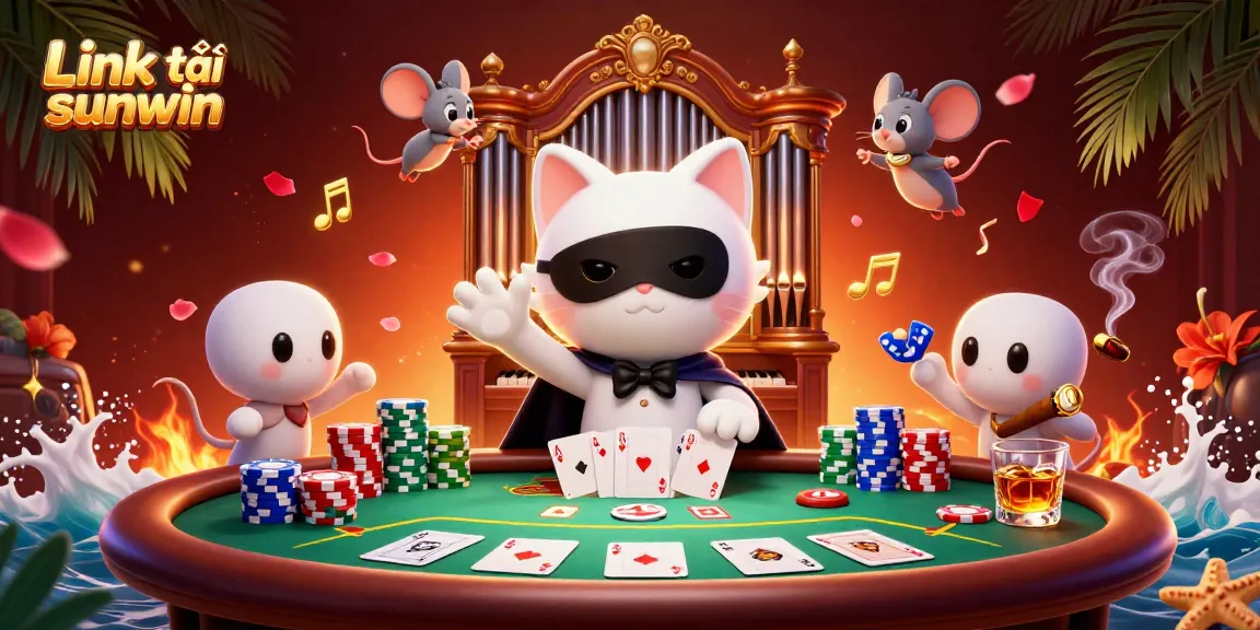Engaging illustration displaying Link tải sunwin as a 3D cartoon scene with gambling elements and characters.
