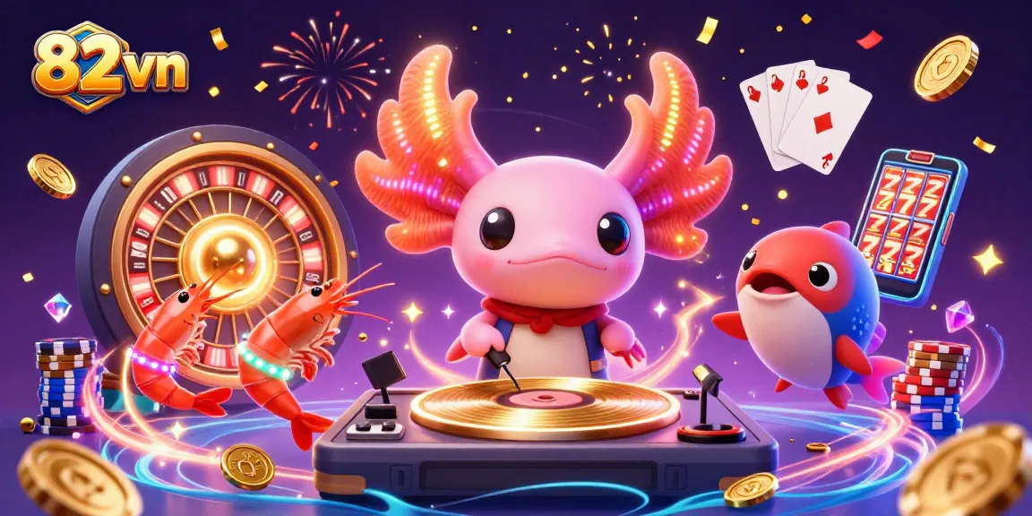 Engage in vibrant gaming action with 82 vn's lively axolotl DJ amid cascading coins and high-energy casino elements.
