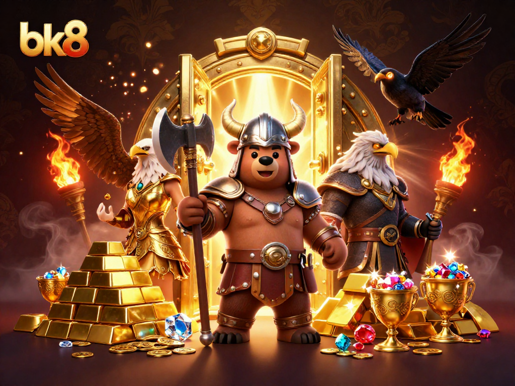 Join the bk8 Viking berserker in a treasure-laden adventure filled with gold bars, gems, and excitement.