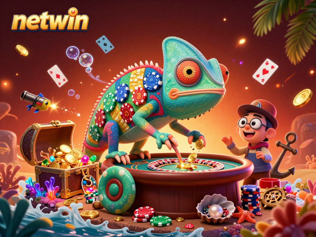 Engage with netwin's vibrant 3D illustration showcasing fun casino dynamics, capturing thrilling moments with colorful elements.