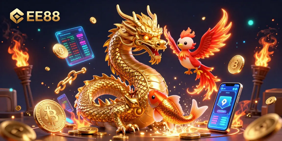 Experience the thrill of EE88 casino gaming with Chinese dragon and phoenix in a richly detailed scene.