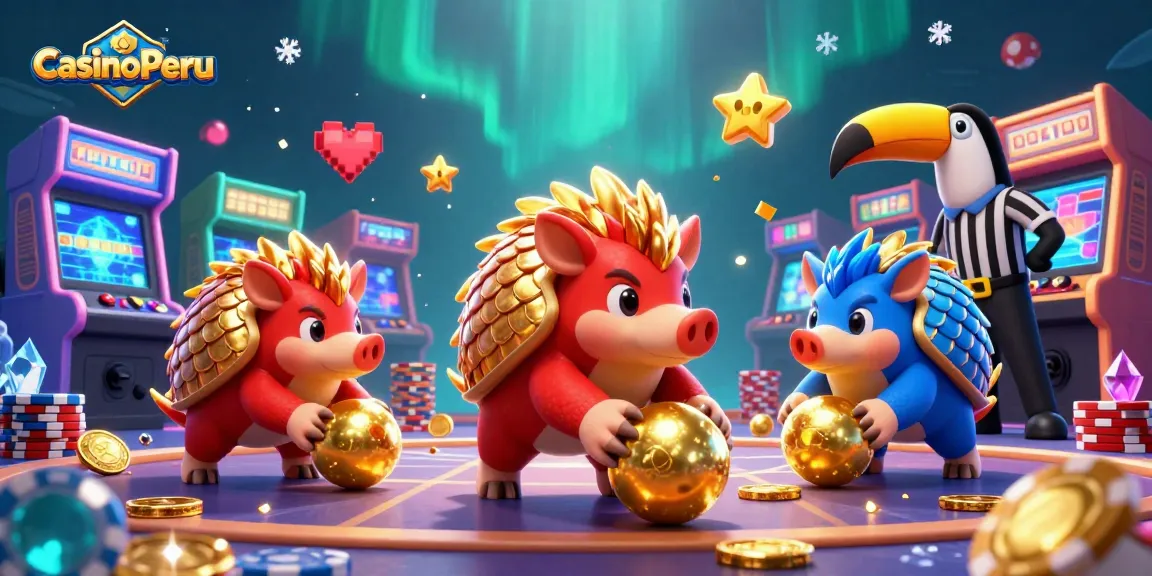 Gana en CasinoPeru con los pangolines que compiten con fichas de póker y máquinas de juegos 3D.