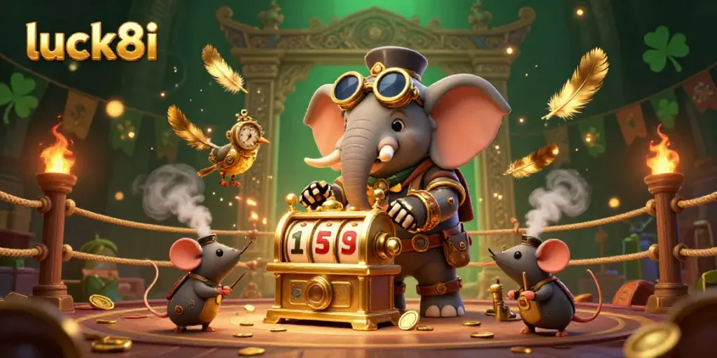 Engage in exciting slots with luck8i while a steampunk elephant operates a golden machine.