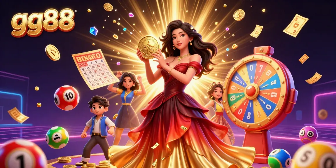 Engage with gg88's gaming excitement through a vibrant 3D illustration of a woman holding a golden coin amidst falling treasures.