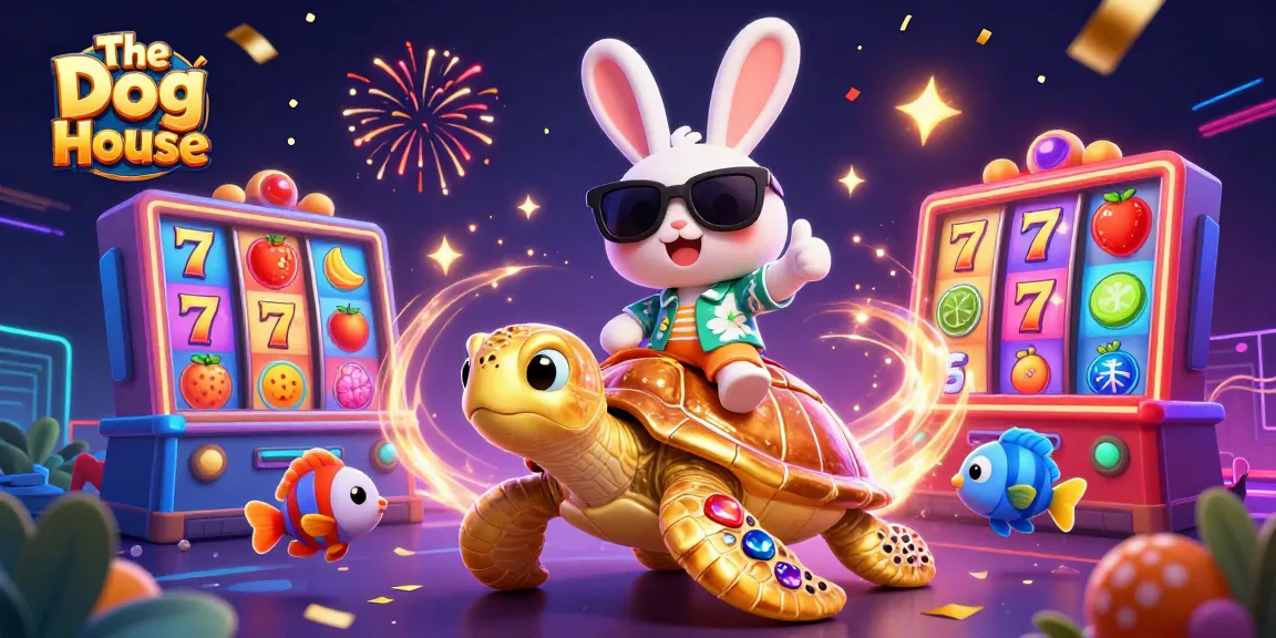 The Dog House slot game features a lucky rabbit and a golden sea turtle in a vibrant casino scene.