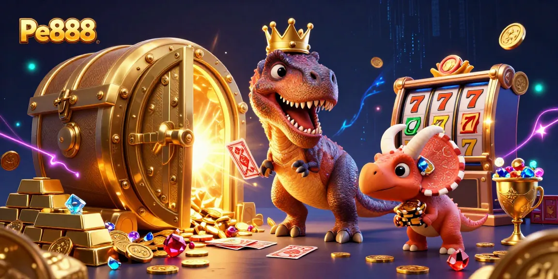 Pe888 showcases an engaging 3D illustration of a playful T-Rex and friends enjoying casino games with gold treasures.