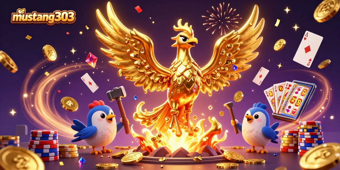 Play thrilling games like slots and slot reels at mustang303, featuring a golden phoenix's wealth and excitement.