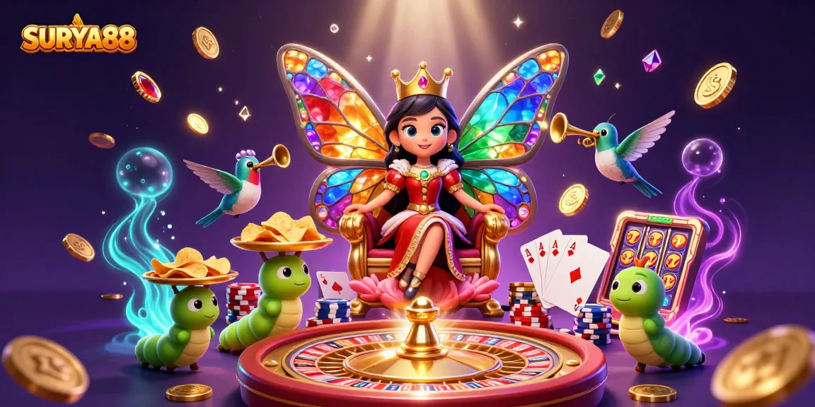 SURYA88 brings excitement with a vibrant 3D illustration of a butterfly queen and dynamic casino elements.
