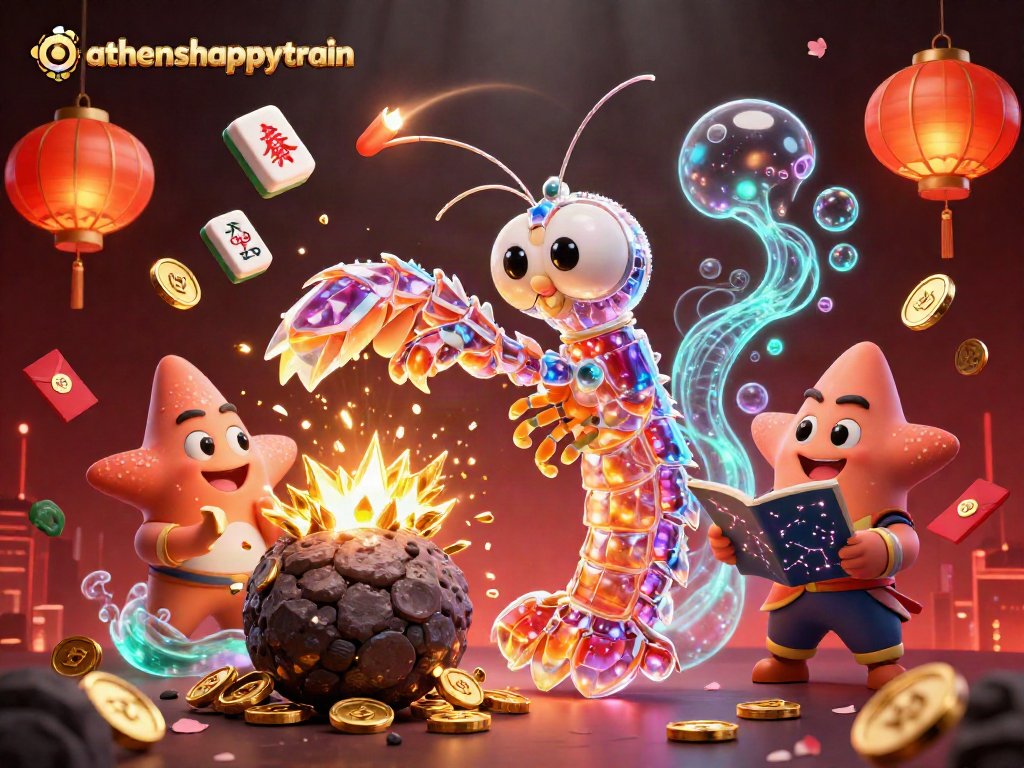 A vibrant athenshappytrain scene showcasing a galactic samurai mantis shrimp and starfish amidst exploding gems and casino elements