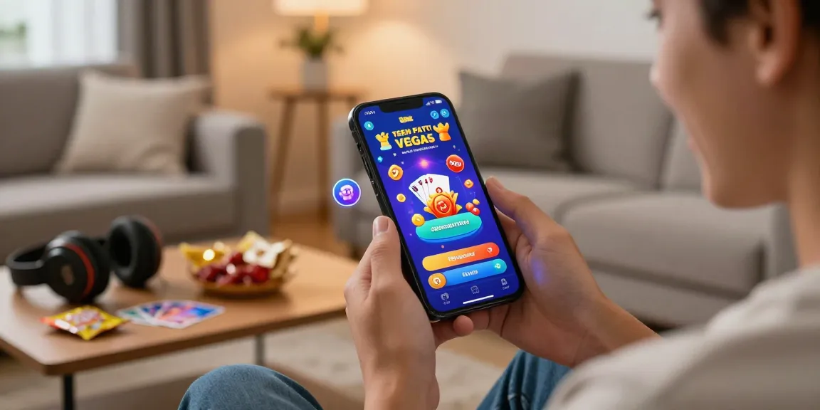 User enjoying the mobile version of Teen Patti Vegas app in a cozy setting, surrounded by gaming imagery and excitement.