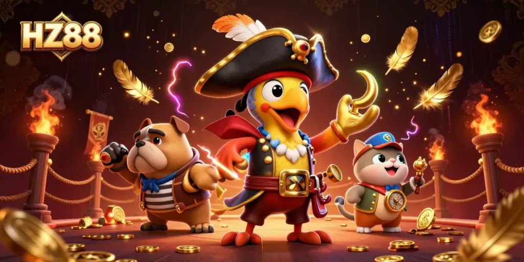Experience the excitement of HZ88 with dynamic characters in a vibrant pirate-themed gambling scene.