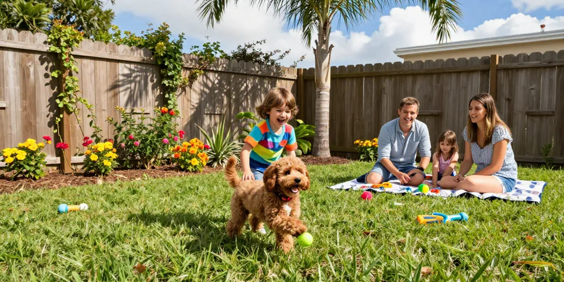 Cavapoo puppies Florida enjoying playful moments with a family in a sunny backyard.