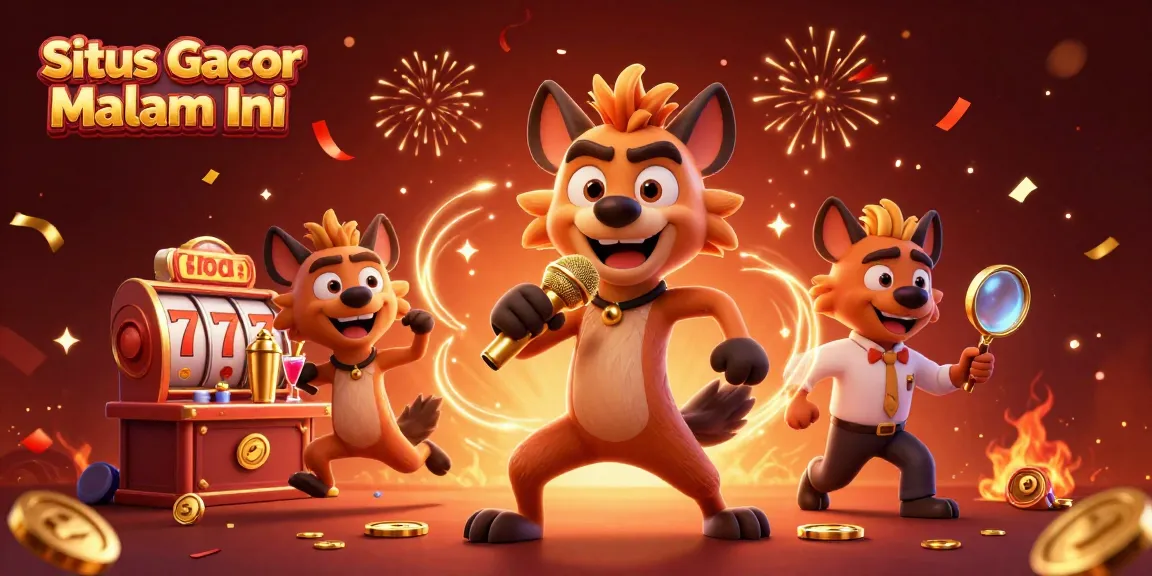 Situs Gacor Malam Ini features a lively scene with hyenas running a casino, emphasizing fun and jackpot excitement