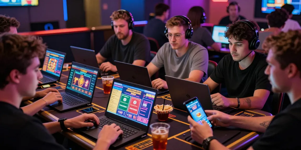 Enthusiastische Spieler an Non Gamstop-Seiten, die Casino-Spiele erleben, in lebhafter Atmosphäre mit Neonlichtern.