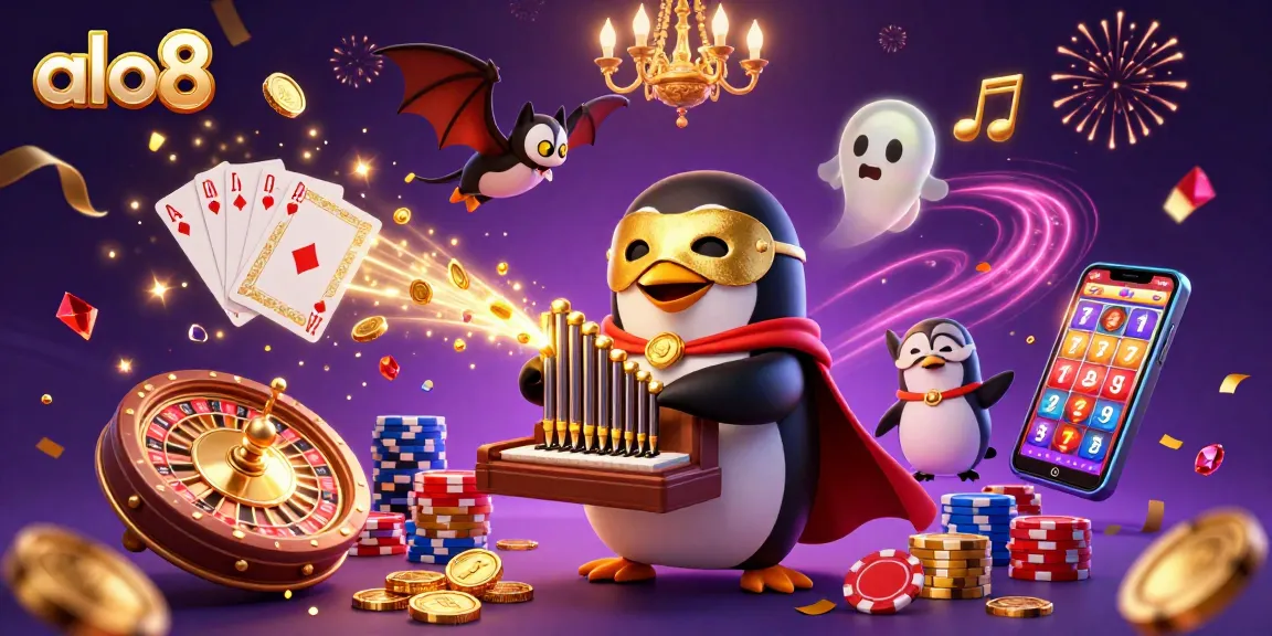 Experience the excitement at alo8 with a 3D vibrant casino scene full of games and gold.