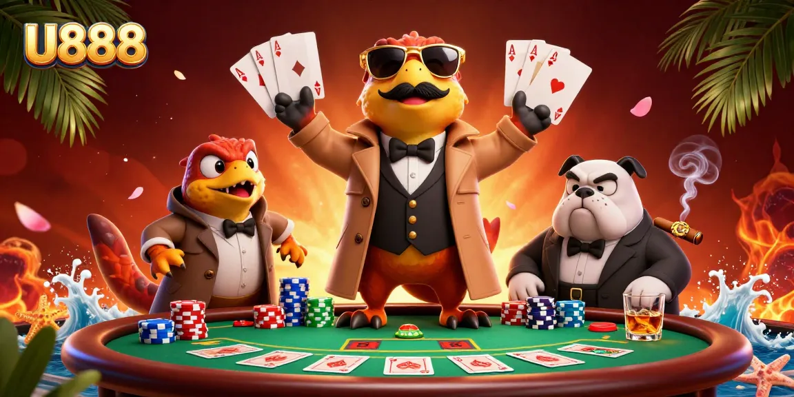 U888 players strategizing with vibrant poker elements in a dynamic casino scene.